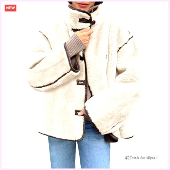 Faux Fur Jacket Warm Winter Casual Button Down Stand Collar Long Sleeve - Picture 2 of 7